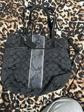 Coach Black Signature Tote with Center Snake-Print Stripe